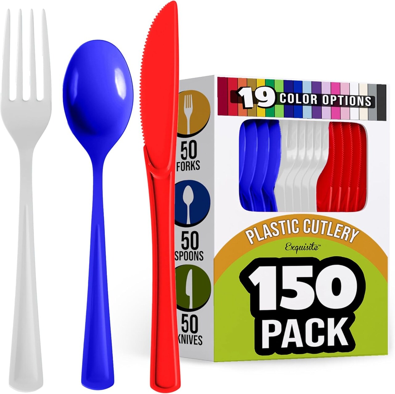 Exquisite Polished Plastic Silverware – 150 Pcs Heavy Duty Cutlery Set – 50 Each of Forks, Knives & Spoons – Disposable Utensil Set for Parties, Events & Catering – Flatware Set by Party Solids
